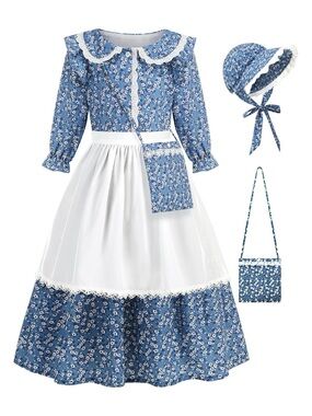 NWOT Girls Pioneer Floral Colonial Prairie Dress  with Apron and Bonnet 10/12